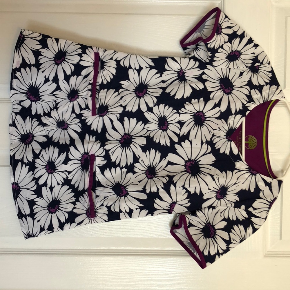 Healing Hands Navy and Purple Daisy Scrub Top